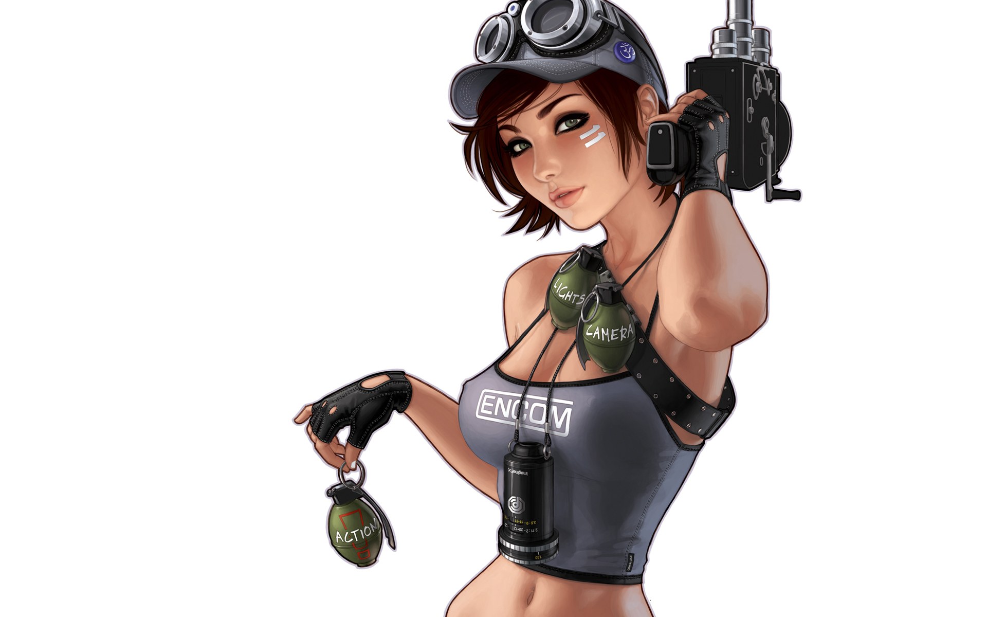 female character with camera and grenades