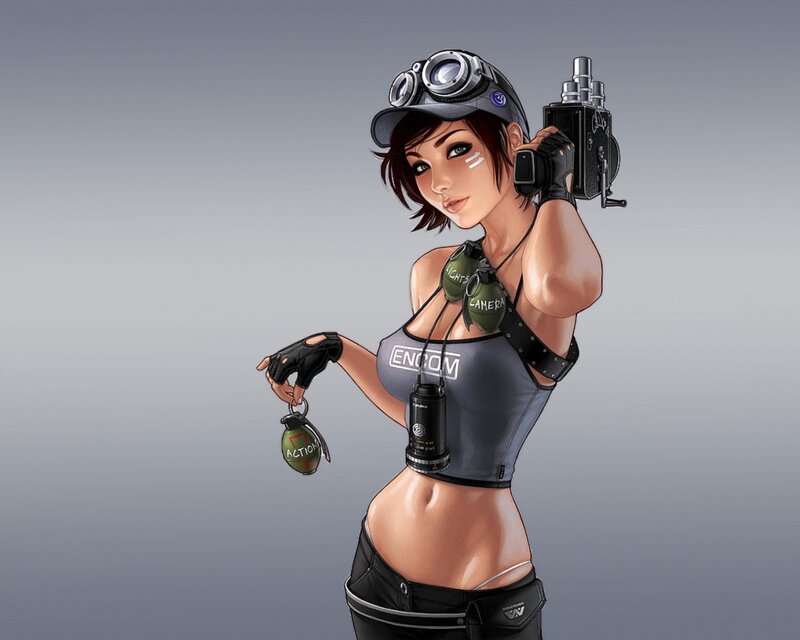 Female Character with Camera — Gray, Confident, Digital Art