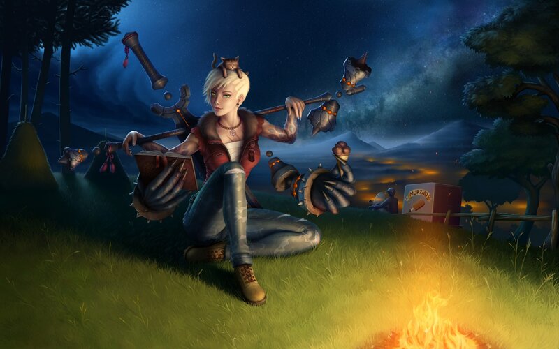 Female Character with Cat — Green