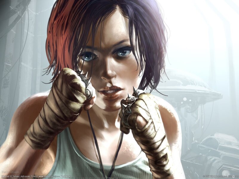 female character with combat gloves