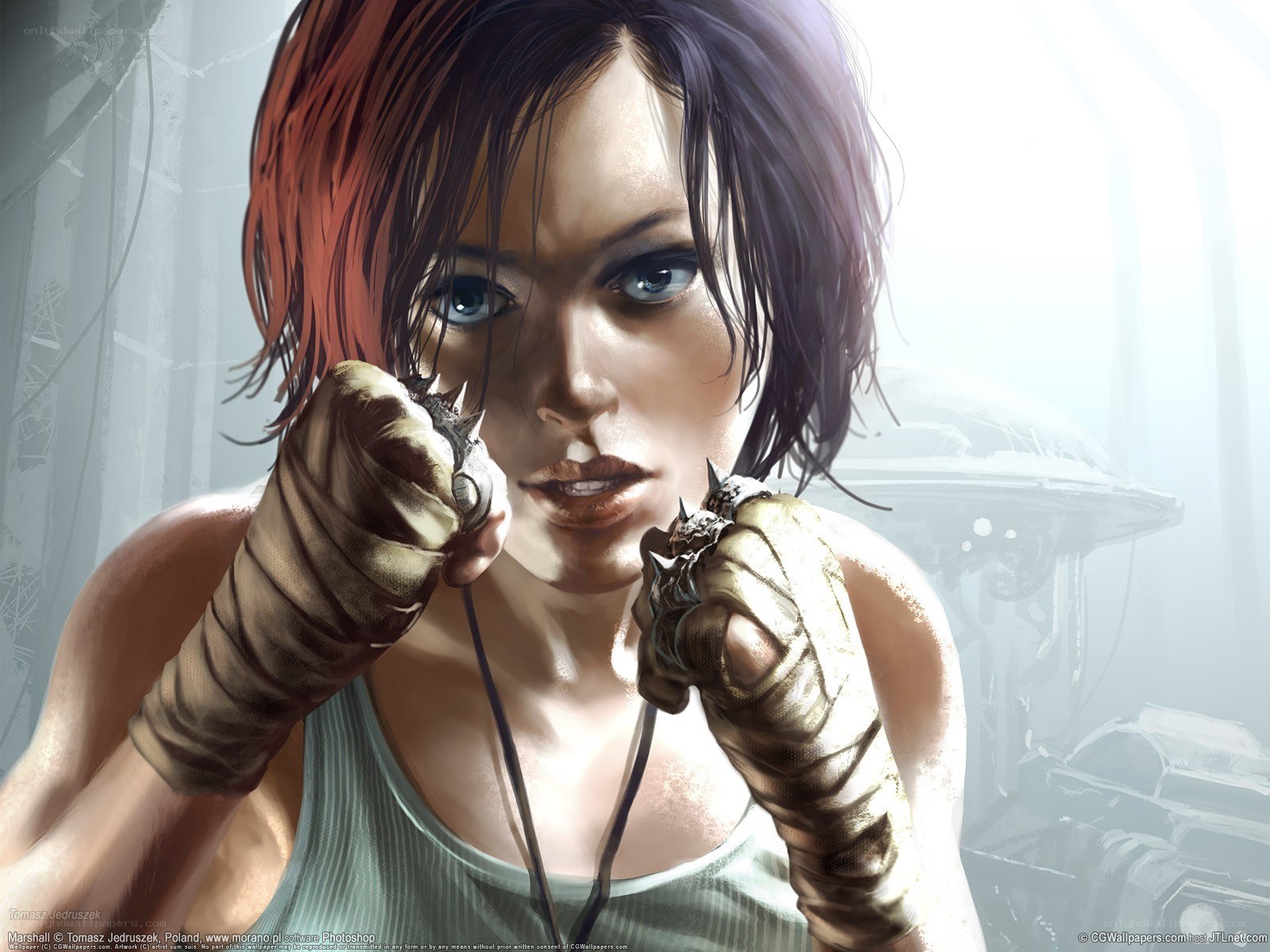 female character with combat gloves