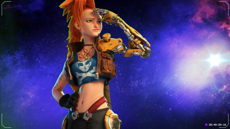 Female Character with Cybernetic Arm — Blue, Dramatic
