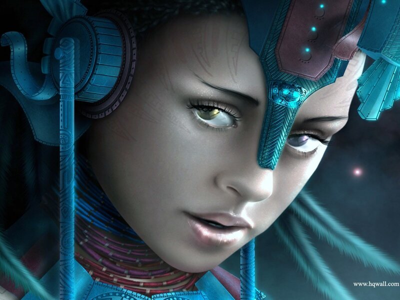 Female Character with Cybernetic Implants — Blue