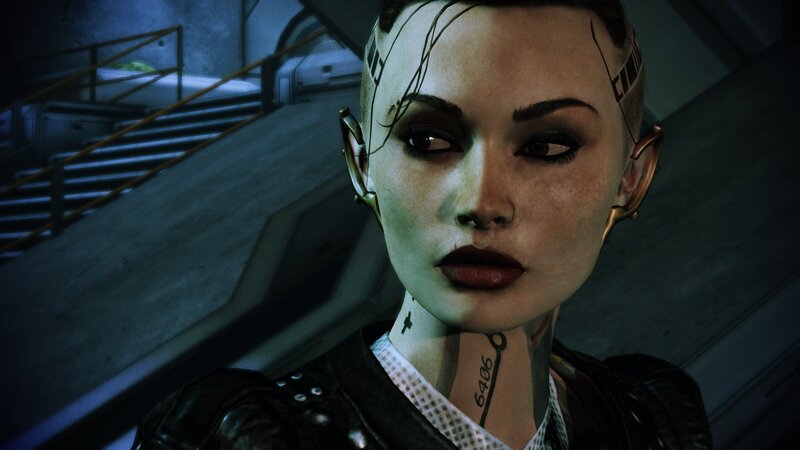 Female Character with Cybernetic Implants — Gray, Dramatic, 3d Render