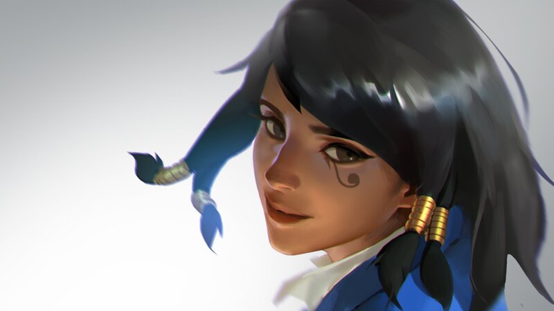 Female Character with Dark Hair — Blue, Calm, Digital Art