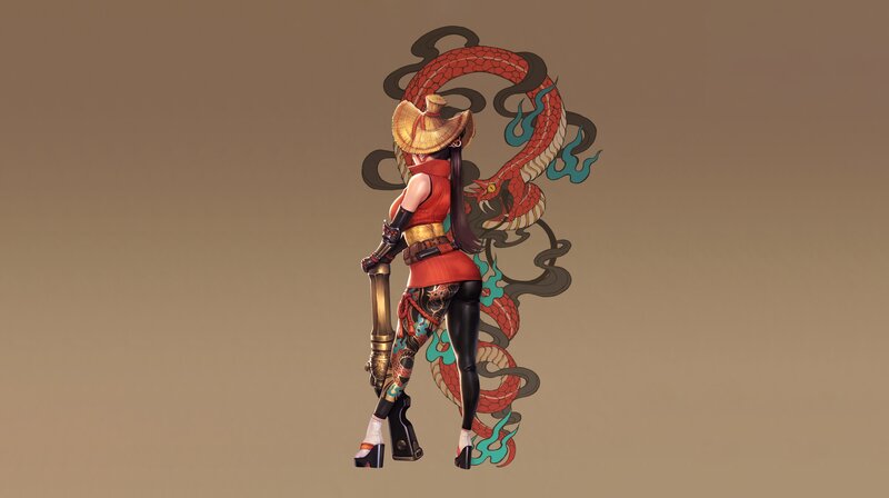 Female Character with Dragon — Red