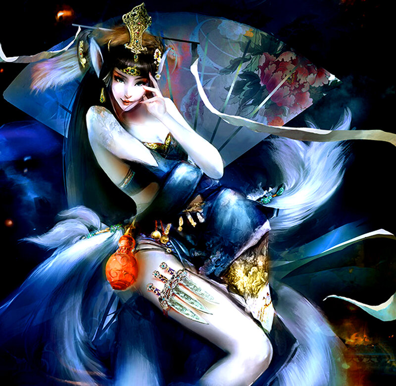 Female Character with Fan — Blue, Dramatic