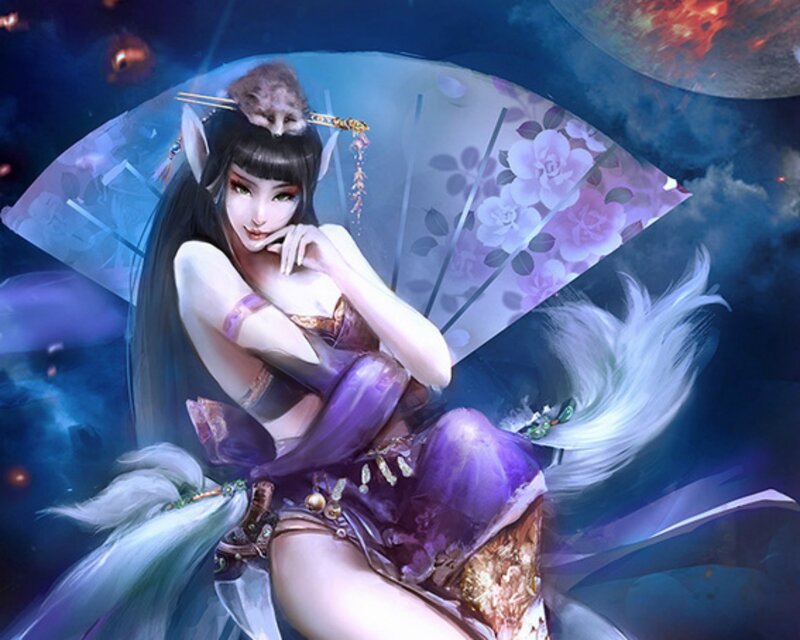 Female Character with Fan — Purple, Dramatic, Night