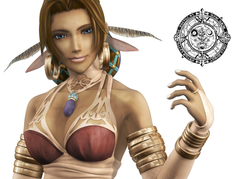 female character with feathered headwear