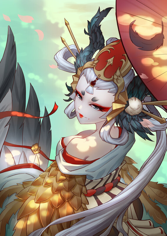Female Character with Feathers — White, Dramatic, Sunset, Digital Art