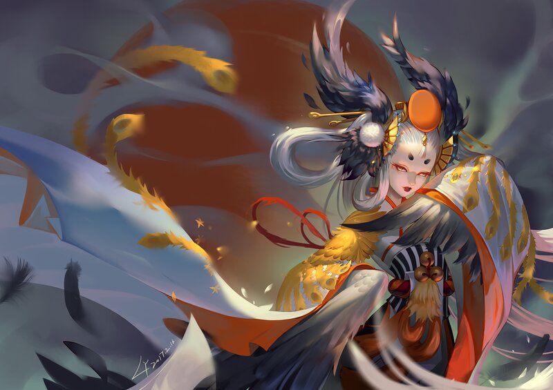 Female Character with Feathers — White, Dramatic, Sunset