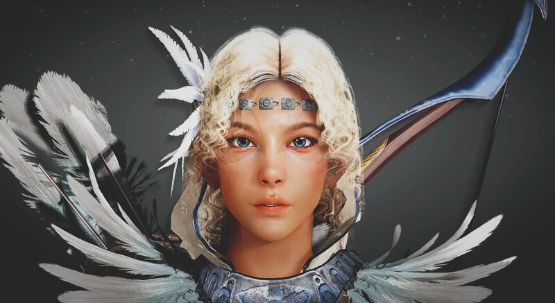 Female Character with Feathers — White, Dramatic