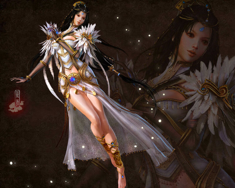 Female Character with Feathers — White
