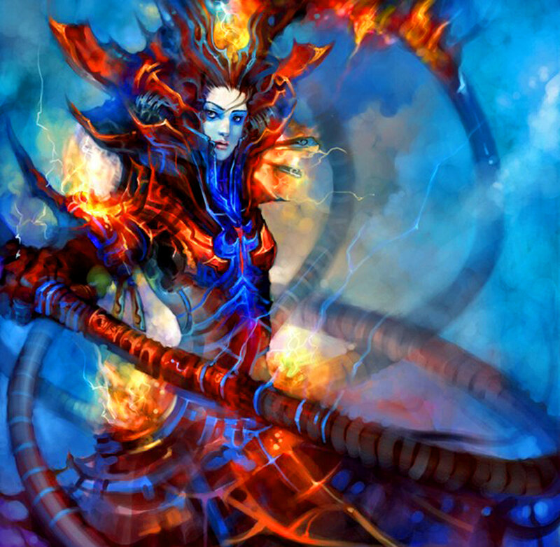 Female Character with Fire and Lightning