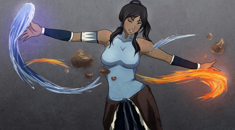 Female Character with Fire and Water — Blue