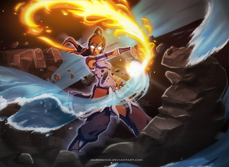 Female Character with Fire and Water — Orange, Dramatic, Digital Art