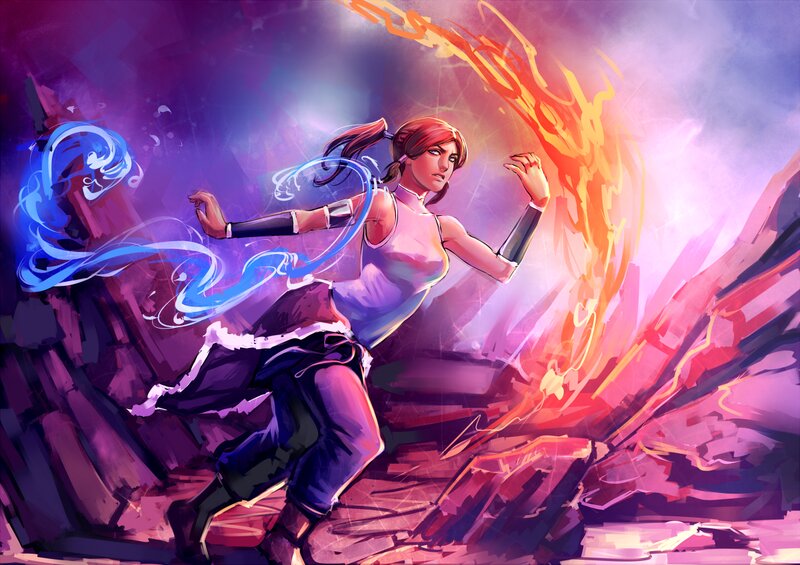 Female Character with Fire and Water — Purple