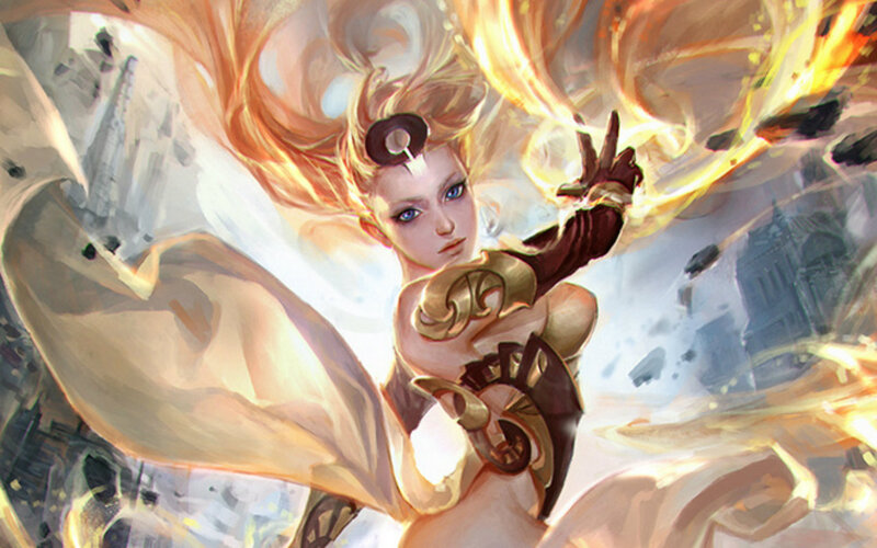 Female Character with Fire — Orange, Dramatic, Digital Art, City Ruins