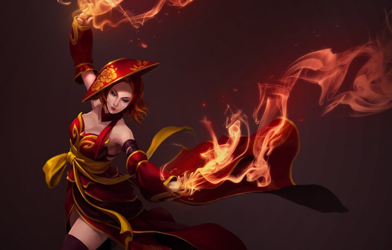 Female Character with Fire — Red, Dramatic, Digital Art, Hat, Robe