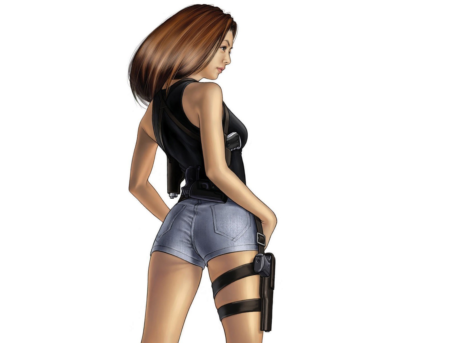 female character with firearms