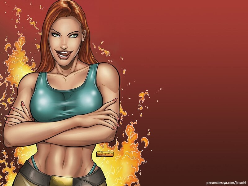 female character with flames