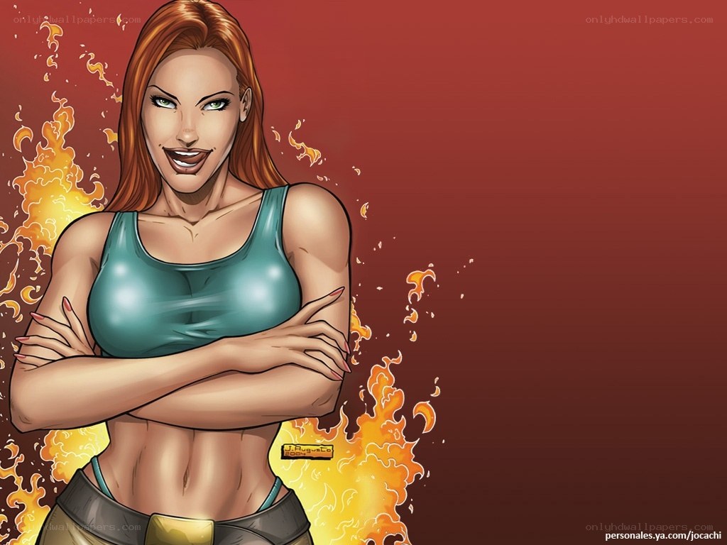female character with flames