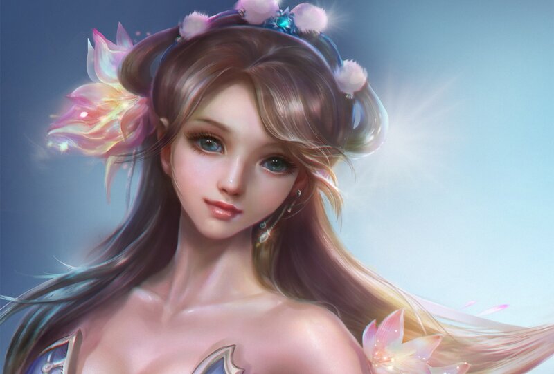 Female Character with Flowers — Blue, Serene