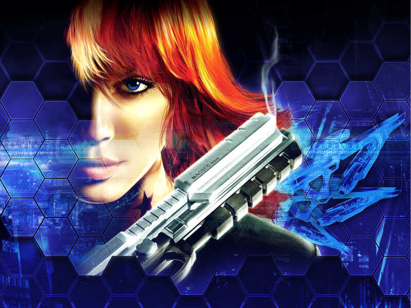 female character with futuristic gun