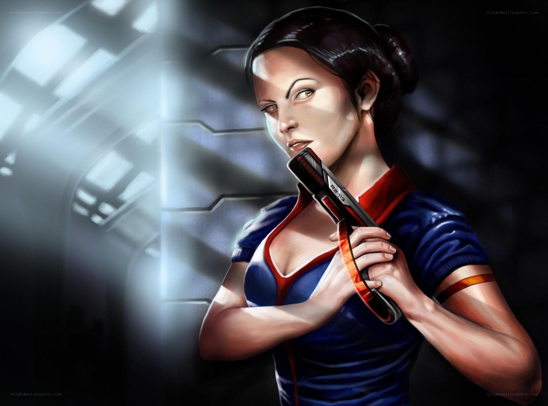 female character with futuristic weapon