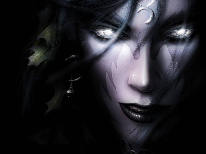 Female Character with Glowing Eyes — Black, Dramatic, Night