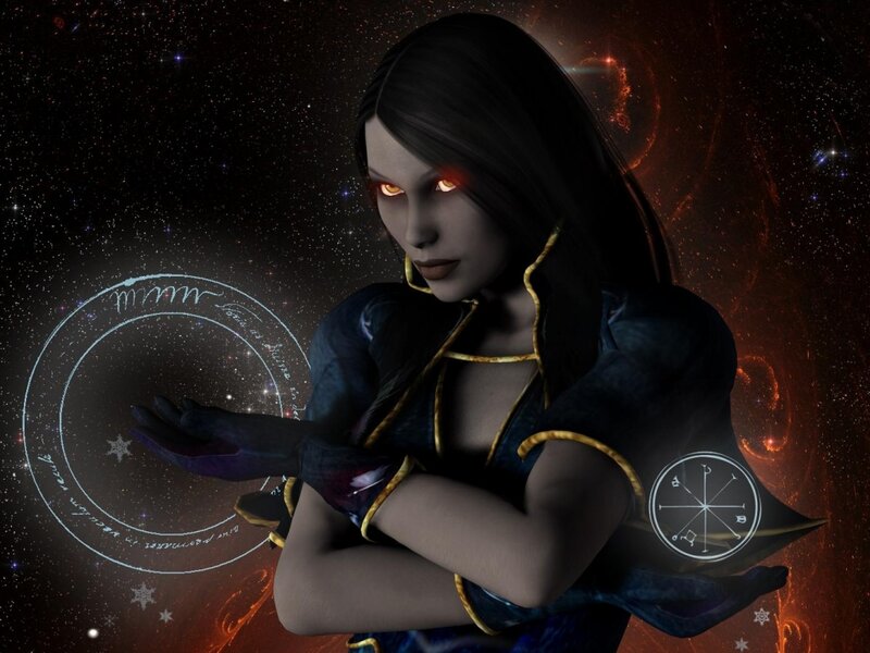 Female Character with Glowing Eyes — Black, Dramatic