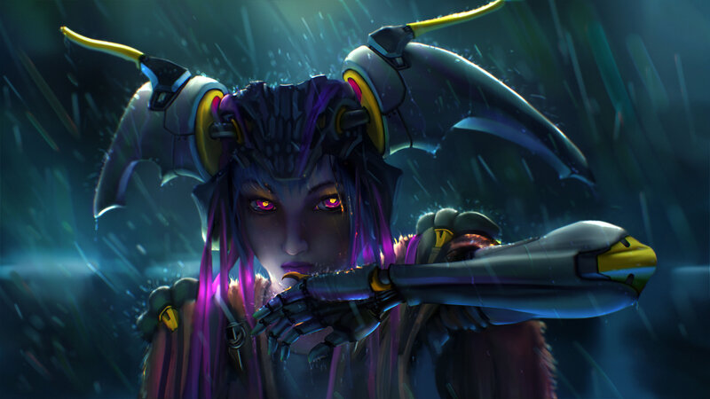 Female Character with Glowing Eyes — Purple, Dramatic, Night, Digital Art, Robotic Arm