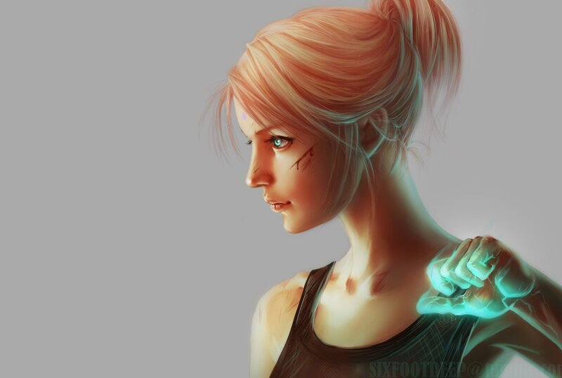 Female Character with Glowing Hand — Gray