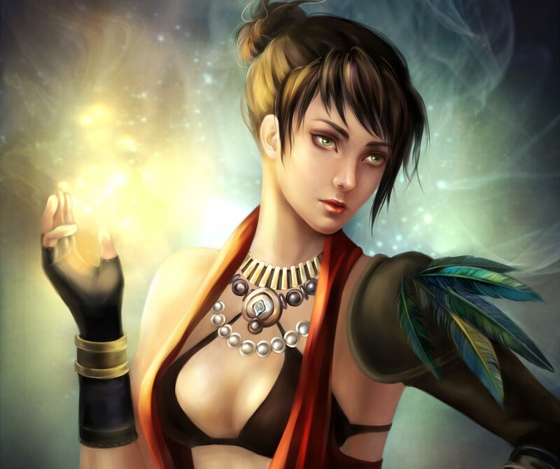 Female Character with Glowing Hand — Red