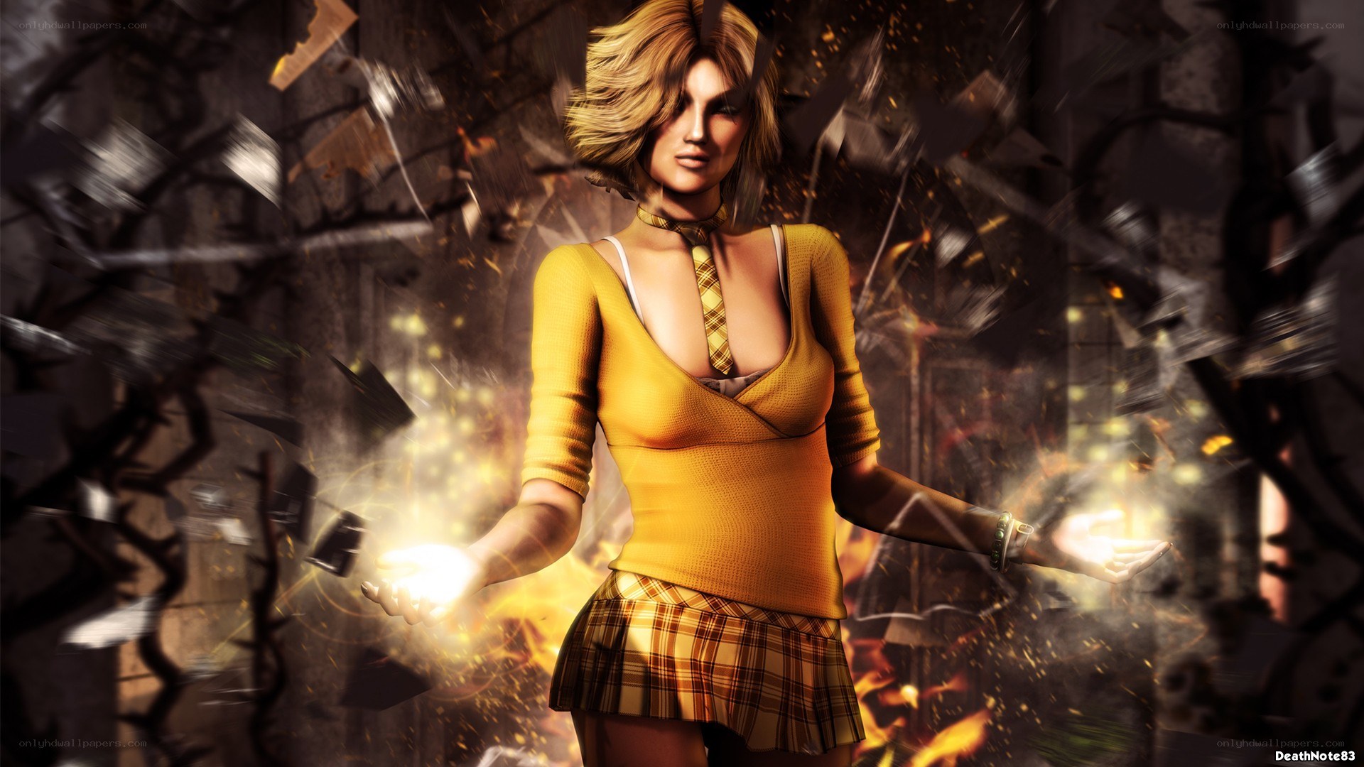 female character with glowing hands
