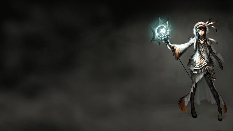 female character with glowing staff