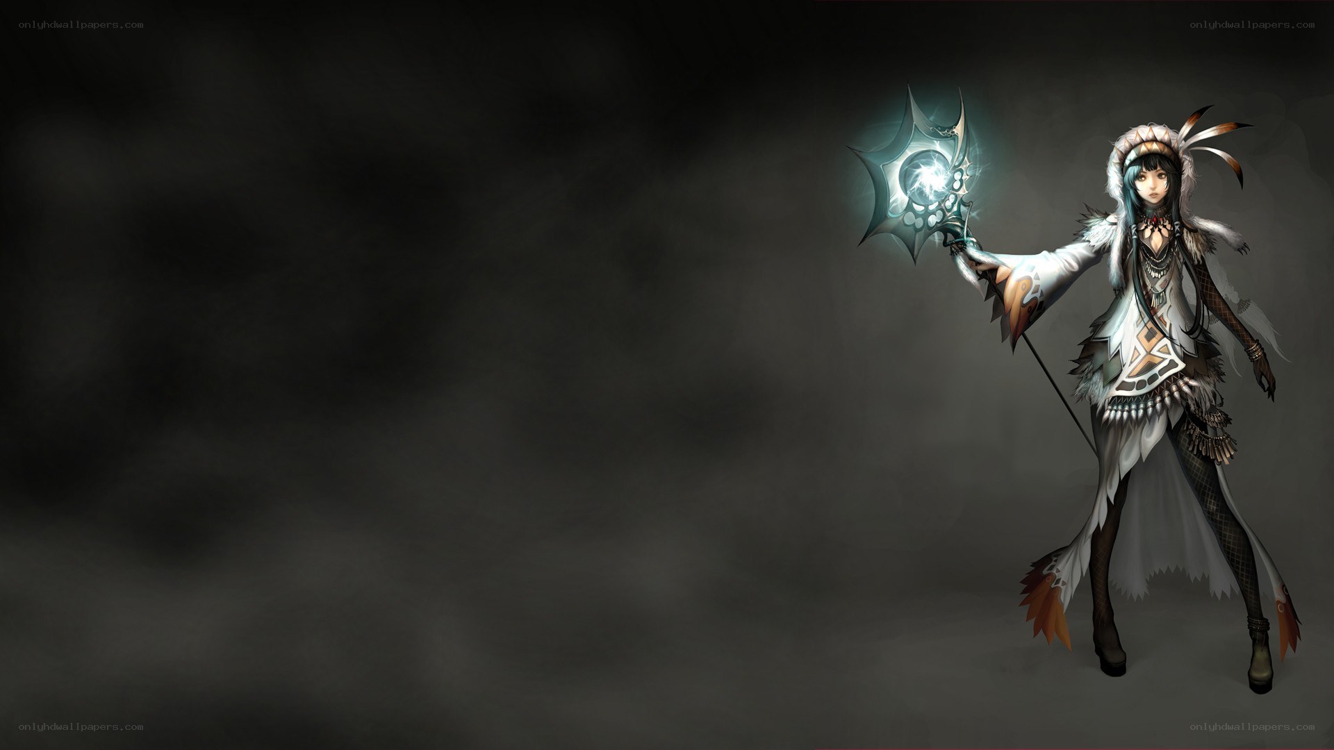 female character with glowing staff