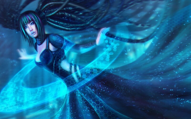 Female Character with Glowing Wings — Blue