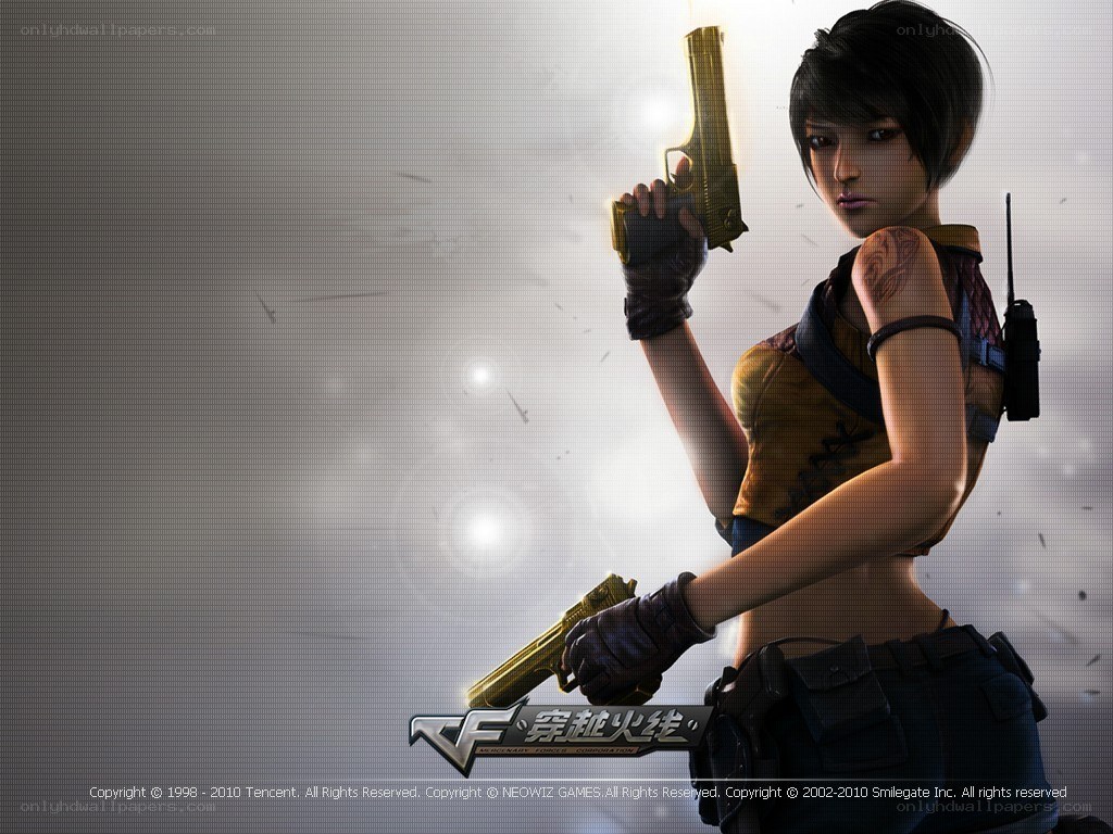 female character with golden guns