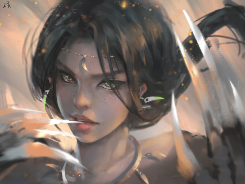 Female Character with Green Eyes — Brown, Dramatic, Digital Art