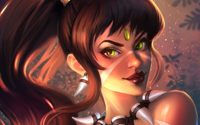 Female Character with Green Eyes — Brown, Dramatic, Sunset