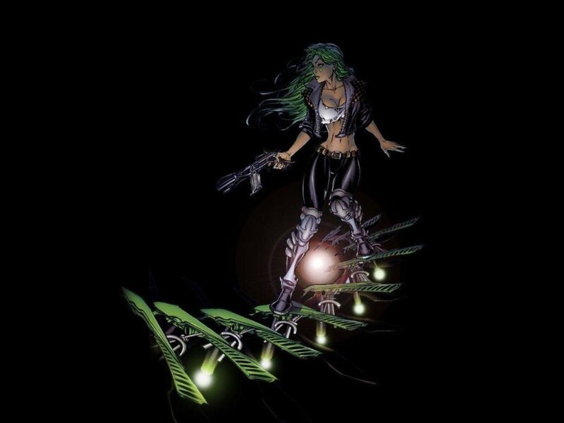 female character with green hair