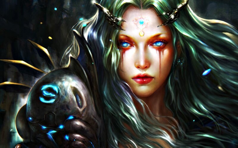 Female Character with Green Hair — Dramatic, Digital Art, Blue Eyes
