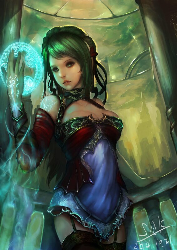 Female Character with Green Hair — Dramatic, Digital Art, Magic Circle