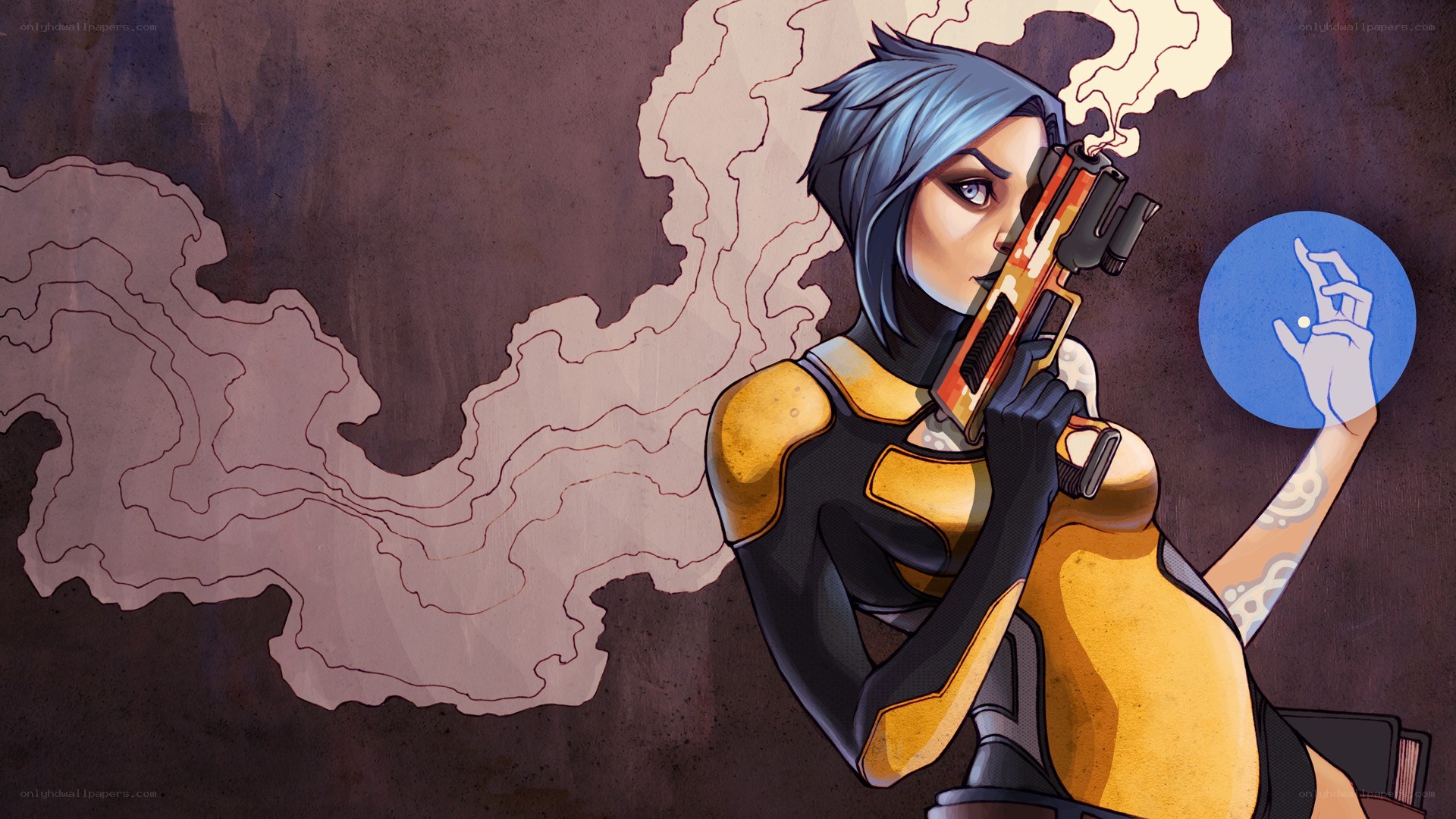 female character with gun