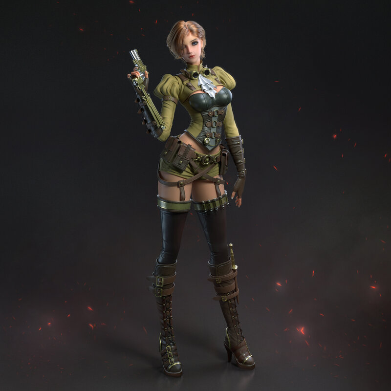 Female Character with Gun — Black, Dramatic, 3d Render