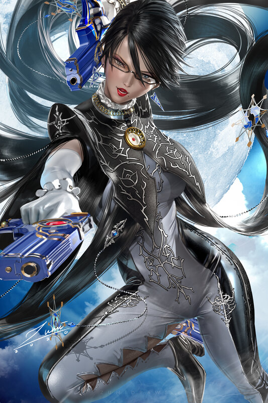Female Character with Gun — Black, Dramatic, Digital Art, Glasses, Long Hair