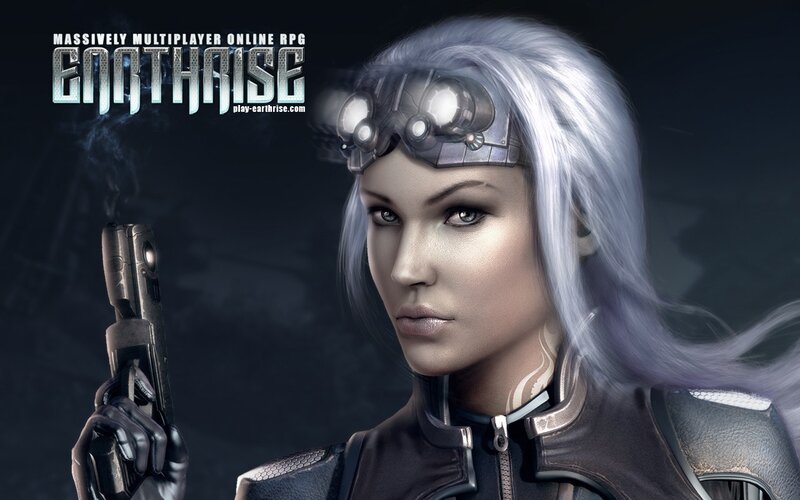 Female Character with Gun — Black, Dramatic, Digital Art, Goggles