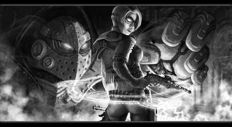 Female Character with Gun — Black, Dramatic, Digital Art, Robot