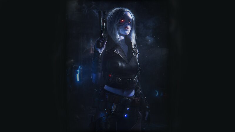 Female Character with Gun — Black, Dramatic, Night, Digital Art, Cybernetic Eyes